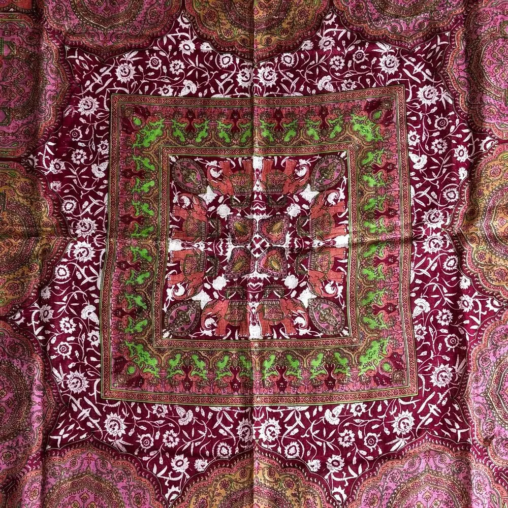 Sheer India Silk Scarf Boho square burgundy red & green paisley ornate elegant